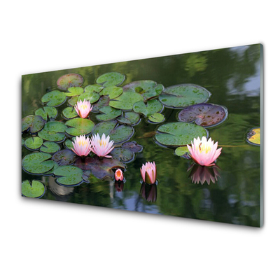 Glass Wall Art Lake petals floral pink green