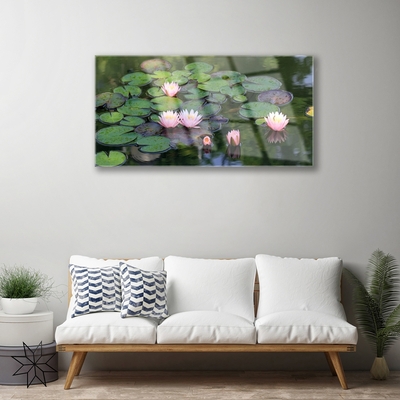 Glass Wall Art Lake petals floral pink green