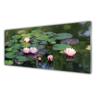 Glass Wall Art Lake petals floral pink green