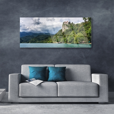 Glass Wall Art Mountain forest lake nature green blue