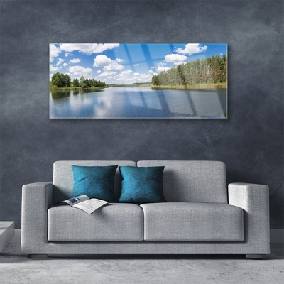 Glass Wall Art Forest lake landscape green blue