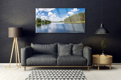 Glass Wall Art Forest lake landscape green blue