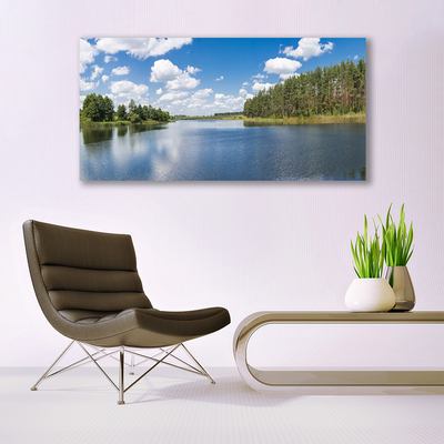 Glass Wall Art Forest lake landscape green blue