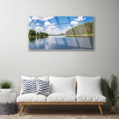 Glass Wall Art Forest lake landscape green blue