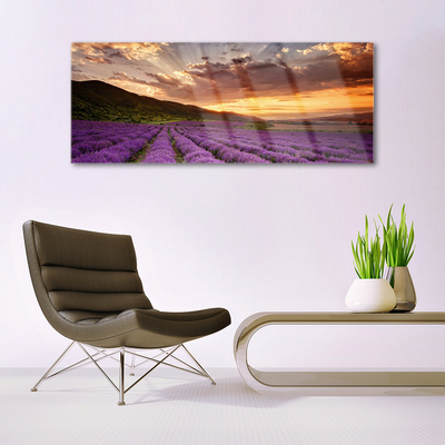 Glass Wall Art Mountains meadow flowers landscape green pink