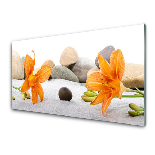 Glass Wall Art Flower stones floral grey yellow