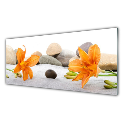 Glass Wall Art Flower stones floral grey yellow
