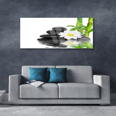 Glass Wall Art Bamboo tube flower stones floral green white black