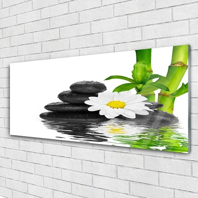 Glass Wall Art Bamboo tube flower stones floral green white black