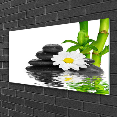 Glass Wall Art Bamboo tube flower stones floral green white black