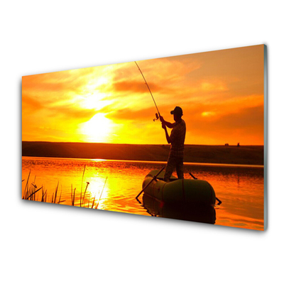 Glass Wall Art Sun sea fisherman landscape yellow