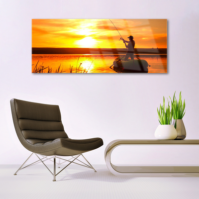 Glass Wall Art Sun sea fisherman landscape yellow