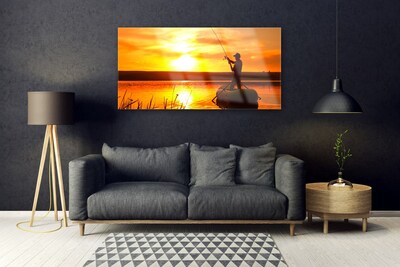 Glass Wall Art Sun sea fisherman landscape yellow