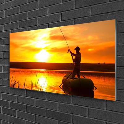 Glass Wall Art Sun sea fisherman landscape yellow