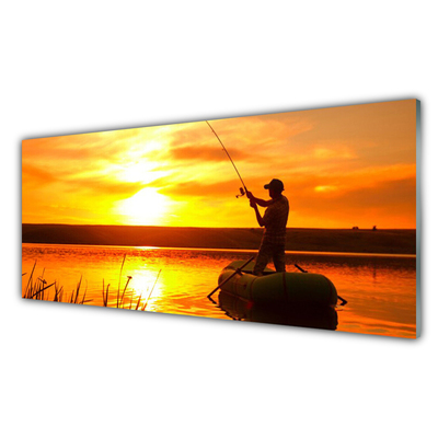 Glass Wall Art Sun sea fisherman landscape yellow