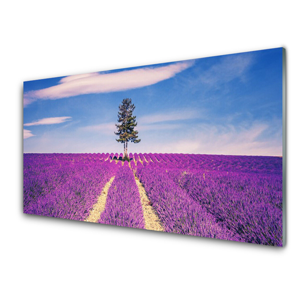 Glass Wall Art Meadow tree landscape pink brown