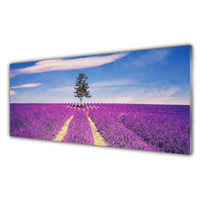 Glass Wall Art Meadow tree landscape pink brown