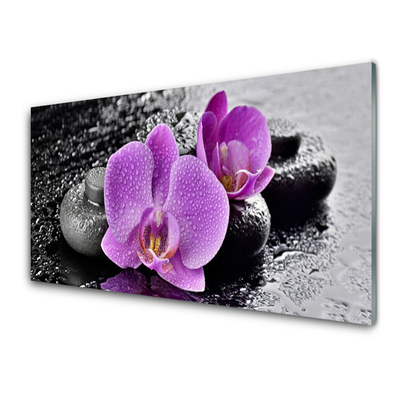 Glass Wall Art Flower stones floral pink black grey