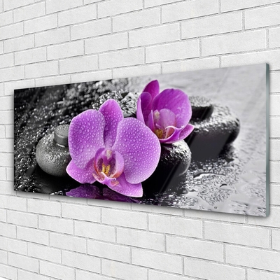 Glass Wall Art Flower stones floral pink black grey