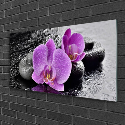 Glass Wall Art Flower stones floral pink black grey