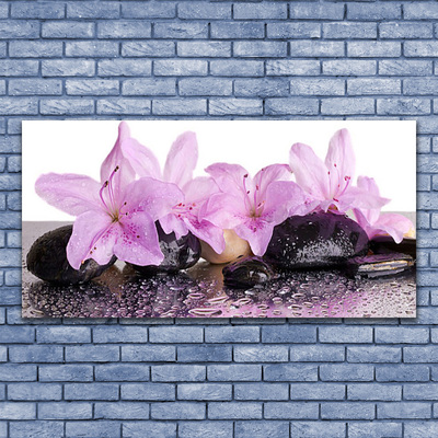 Glass Wall Art Flower stones floral pink black