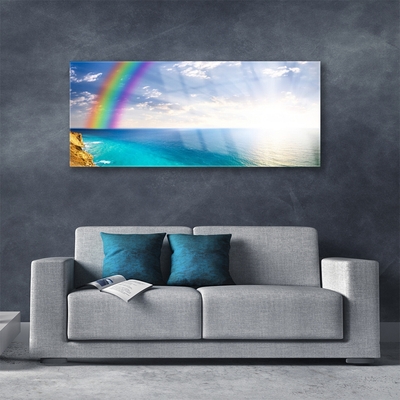 Glass Wall Art Rainbow sun sea landscape multi