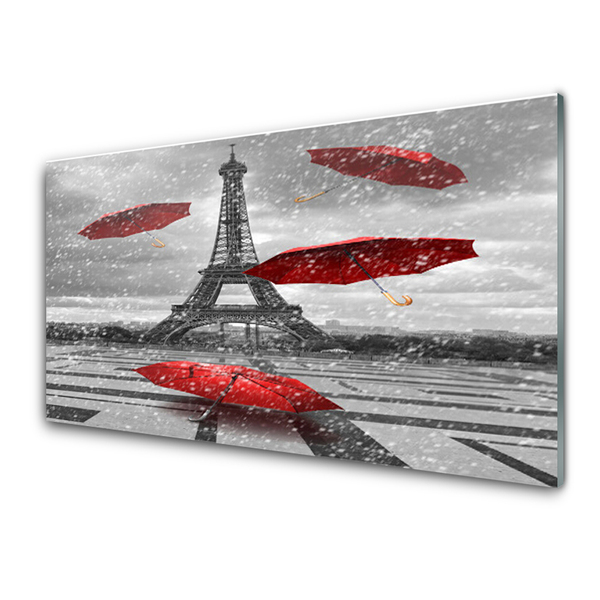 Glass Wall Art Eiffel tower umbrella architecture grey red