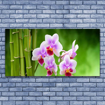 Glass Wall Art Bamboo tube flowers floral green pink