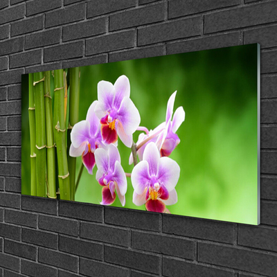 Glass Wall Art Bamboo tube flowers floral green pink