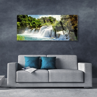 Glass Wall Art Waterfall trees nature brown green white blue