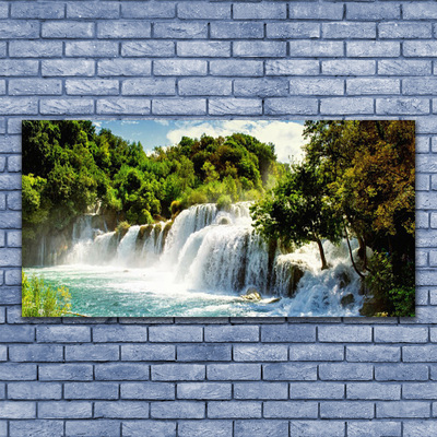 Glass Wall Art Waterfall trees nature brown green white blue