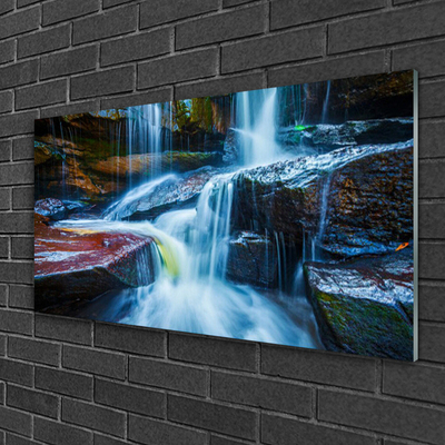Glass Wall Art Waterfall rocks landscape blue grey brown