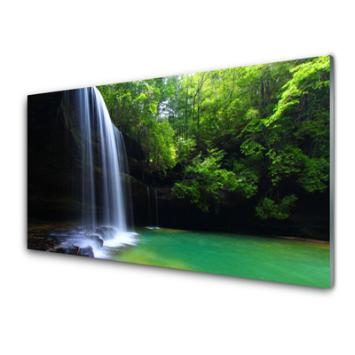 Glass Wall Art Waterfall forest nature purple blue brown green