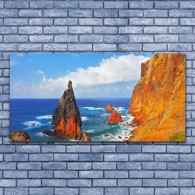 Glass Wall Art Rock sea landscape yellow grey brown blue