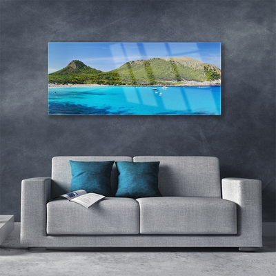 Glass Wall Art Mountain sea landscape grey green blue