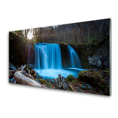 Glass Wall Art Sunshine waterfall nature yellow brown blue green