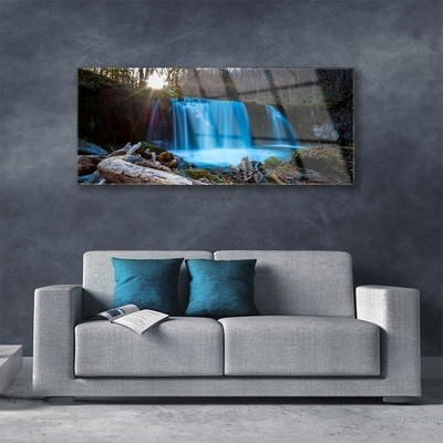 Glass Wall Art Sunshine waterfall nature yellow brown blue green