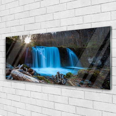 Glass Wall Art Sunshine waterfall nature yellow brown blue green