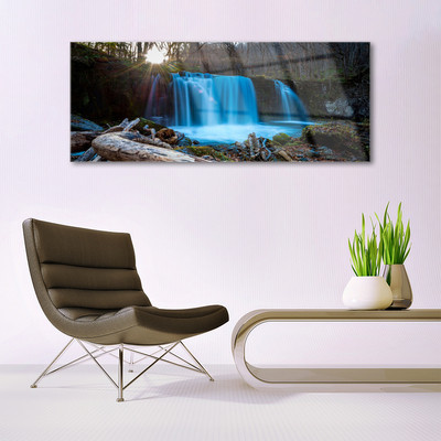 Glass Wall Art Sunshine waterfall nature yellow brown blue green