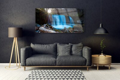 Glass Wall Art Sunshine waterfall nature yellow brown blue green