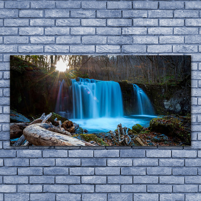 Glass Wall Art Sunshine waterfall nature yellow brown blue green