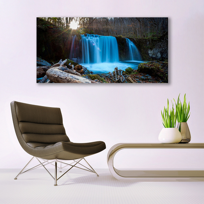 Glass Wall Art Sunshine waterfall nature yellow brown blue green