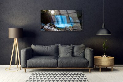 Glass Wall Art Sunshine waterfall nature yellow brown blue green