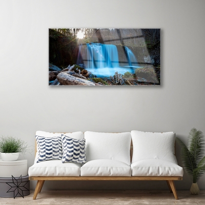 Glass Wall Art Sunshine waterfall nature yellow brown blue green