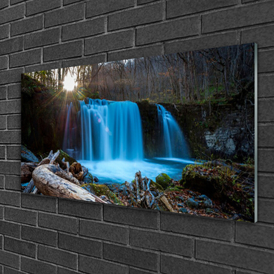 Glass Wall Art Sunshine waterfall nature yellow brown blue green