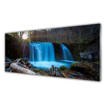 Glass Wall Art Sunshine waterfall nature yellow brown blue green