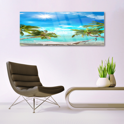 Glass Wall Art Sun sea palm hammock landscape white blue brown white
