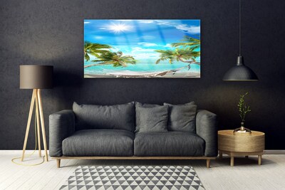 Glass Wall Art Sun sea palm hammock landscape white blue brown white