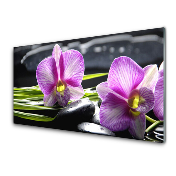 Glass Wall Art Flower stones floral pink black