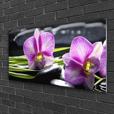 Glass Wall Art Flower stones floral pink black